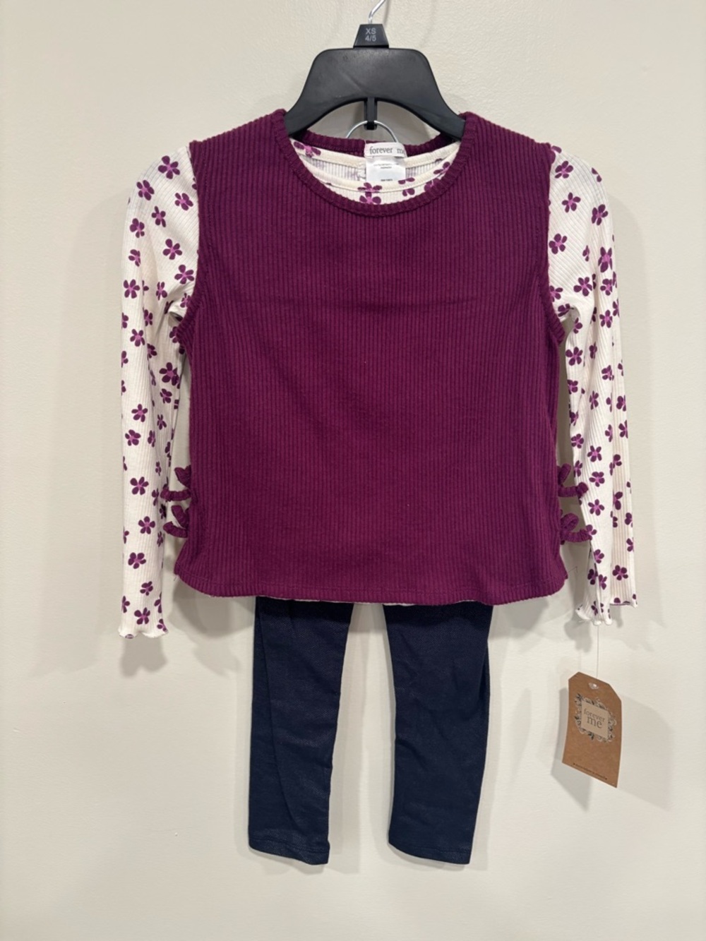 Forever 21 Kids 3-Piece Set Plum Ribbed Layered Top with Floral Long Sleeve